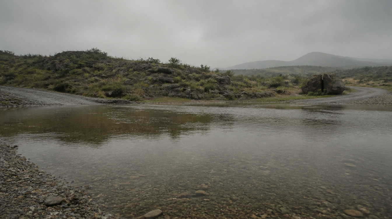 Landscape reference showing a shallow water crossing and rocky banks